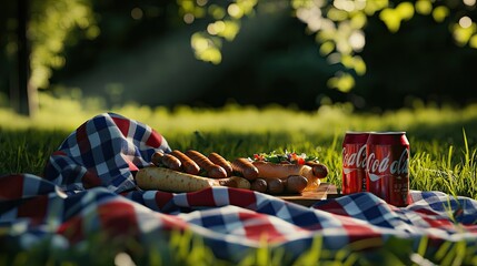Fototapeta premium A picnic setup with a checkered blanket, hotdogs, and soda cans decorated in patriotic colors