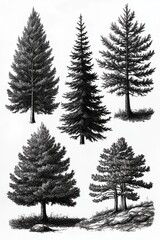 Obraz premium Detailed illustration depicting five distinct pine trees, showcasing diversity in their shapes and foliage