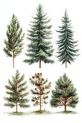 Obraz premium Illustration of five diverse pine trees showcasing varying forms and textures in watercolor style