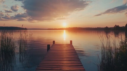 Fototapeta premium A picturesque sunset view over a calm lake, creating a tranquil Father's Day evening setting