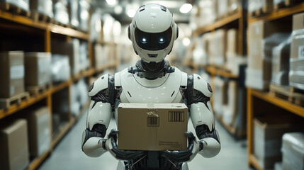Fototapeta premium A depiction of robotic automation in modern logistics, featuring AI systems and drones for efficient warehouse management and delivery operations. Perfect for showcasing smart supply chain solutions.