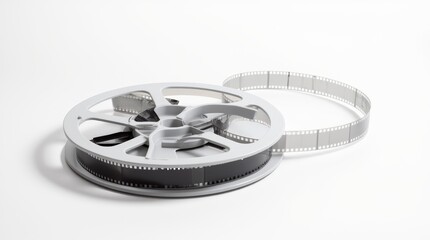 Naklejka premium A white film reel sits against a white background with film strip unwinding elegantly in a creative studio setup