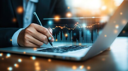 Financial Analyst Working on Laptop with Interactive Stock Market Data Visualization