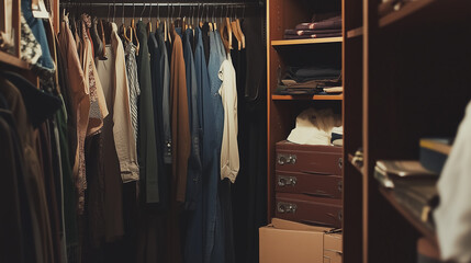 A photograph of a wardrobe in a separate room. Shirts neatly hang on hangers. There is a space for t-shirts on the shelves. A separate spot for shoes. Everything in order.