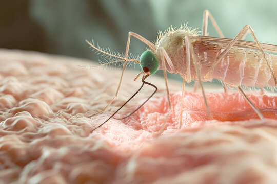 Close-up of a mosquito biting human skin
