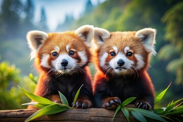 Cute red pandas posing together in a panoramic setting