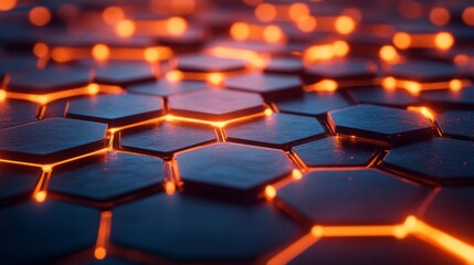 Obraz premium A striking arrangement of hexagonal shapes illuminated by warm orange light creates a captivating visual effect against a dark background, enhancing the modern ambiance.