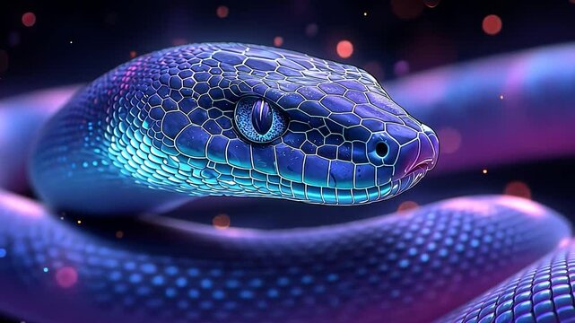 Glowing snake changing colors in a dark environment. A beautiful reptile with shiny scales is slowly changing its skin color