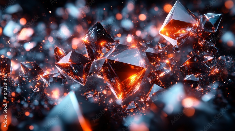 Poster a captivating arrangement of crystals glimmering with warm orange and cool blue hues, reflecting lig