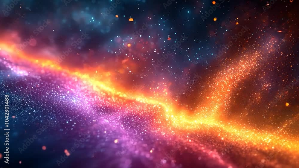 Poster abstract energy flows and glows with vibrant particles, transitioning smoothly from warm to cool col