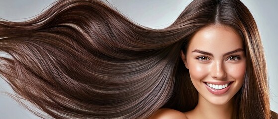 Obraz premium Woman with Healthy Long Brown Hair and Smooth Glowing Skin Smiling
