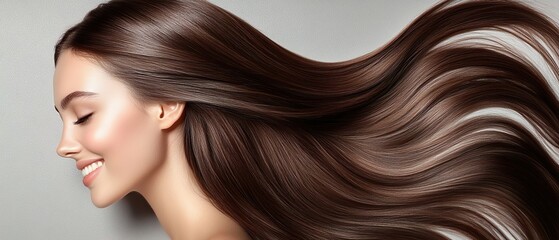 Naklejka premium Woman with Long Flowing Brown Hair Smiling and Radiant Glowing Skin