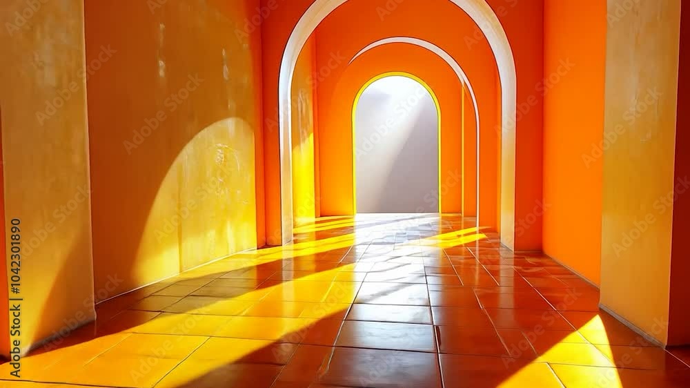 Poster sunlight is illuminating a vibrant orange corridor with a series of arches, creating captivating pat