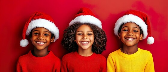 Fototapeta premium Multiethnic Children in Santa Hats Smiling Together for Christmas Celebration