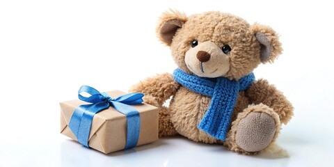 Obraz premium Cute teddy bear with blue scarf holding a small present