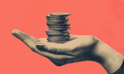Hand holding stack of paper-style coins with Bitcoin symbols, vibrant illustration of digital finance concept. Free copy space for banner.