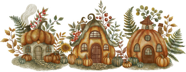 A charming watercolor illustration of cozy autumn pumpkin houses on a white isolated background. Perfect for fall-themed decor, greeting cards, children's art, textiles, and seasonal designs