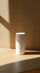 Minimalist unbranded baby powder container on wooden surface for product design