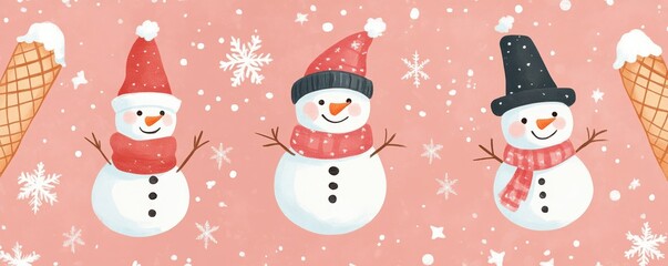 Whimsical snowman illustration in a pastel pink snowy landscape with ice cream cones and snowflakes