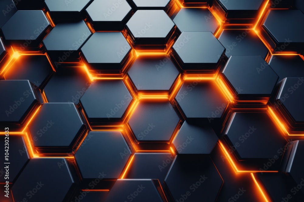Fototapete Layered hexagons feature glowing edges, gradually decreasing in size toward the center, creating a captivating geometric abstraction. Generative AI