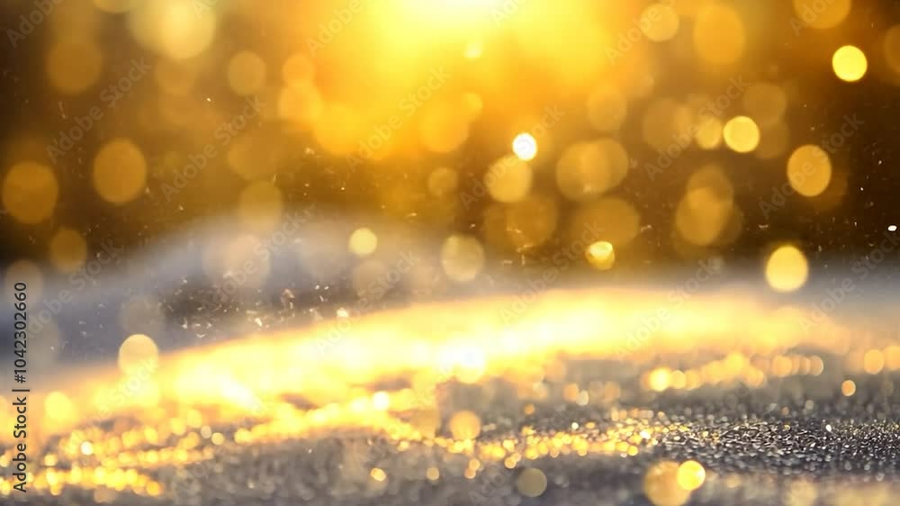 Poster golden particles gently fall onto a sparkling surface, creating a warm gold backdrop filled with enc