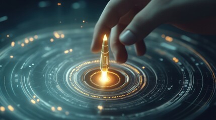 Hand turning rocket button symbolizing acceleration in 3D composite image