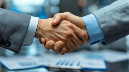 Obraz premium Business partners making a handshake agreement in a high-rise office, symbolizing business success
