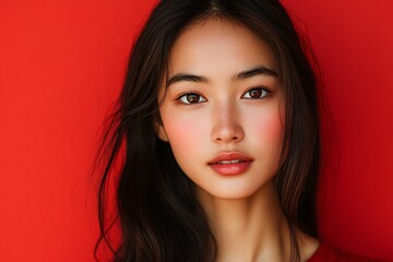 Obraz premium A brunette Asian mother with brown eyes on Mother's Day against a solid red background 1
