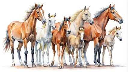 Obraz premium Cute watercolor horses on white background