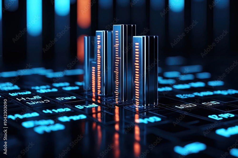 Poster abstract digital sound waves visualization on a keyboard, futuristic design with glowing blue and or