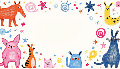 A drawing of animals with a white background. The animals are drawn in a variety of colors and sizes, and they are all smiling. Scene is cheerful and playful