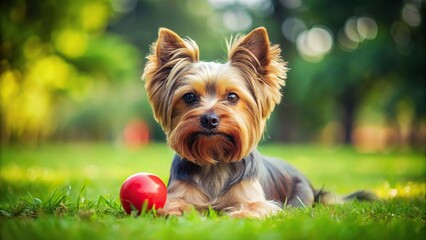 Cute Yorkshire Terrier playing with red ball on grass