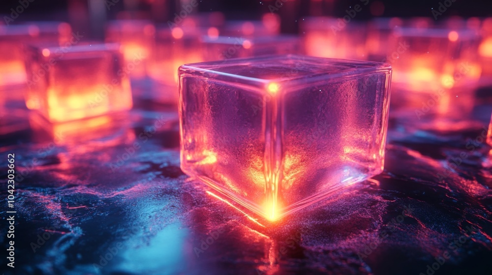 Aufkleber glowing ice cubes are scattered across a reflective surface, emitting vibrant colors in a dark envir