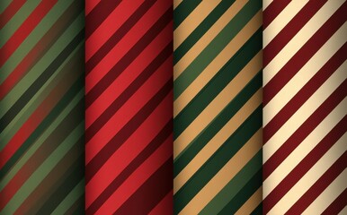 Obraz premium Four seamless patterns with diagonal stripes in earthy shades of red, green, and beige featuring a classic and elegant design suitable for backgrounds, gift wrapping, and 