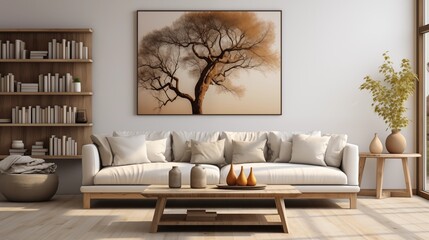 Cozy boho living room featuring a wood coffee table, white sofa, and artistic wall decor, perfect for relaxation.