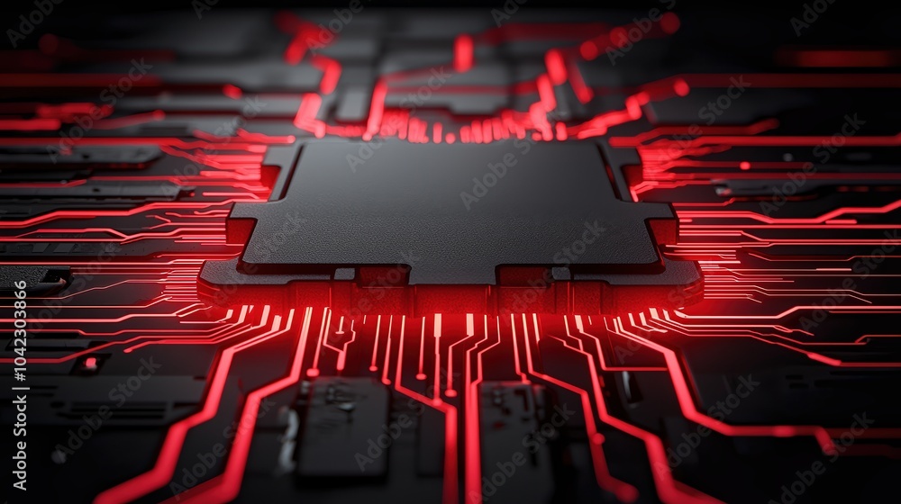 Poster close-up of a black microchip with glowing red circuitry on a dark background.