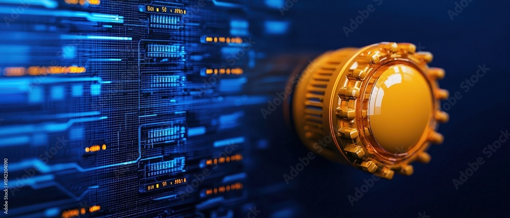 Poster close-up of a modern electronic component on a circuit board with vibrant blue data lines.