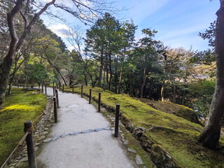 Kyoto, Japan - 2023.12.18: A peaceful footpath alongside moss and trees in the garden of Ginkaku-ji without tourists under a blue sky with sunlight