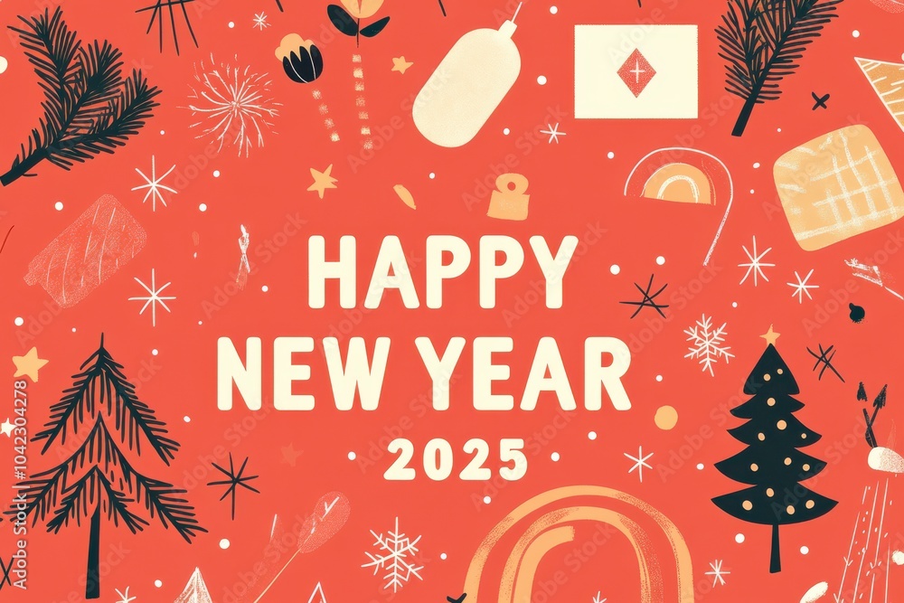 Poster new year 2025 celebration card with festive elements and decorations on a bright background