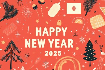 New Year 2025 celebration card with festive elements and decorations on a bright background