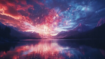 Fototapeta premium A vibrant fireworks display over a tranquil lake, bursting in red, white, and blue