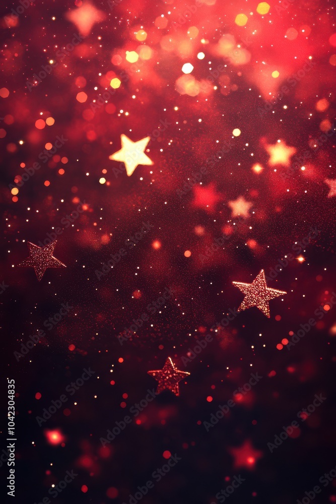 Poster festive red background with sparkling bokeh lights and glittering stars creating a magical, dreamy a