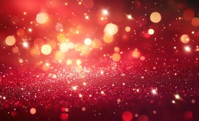 Stunning red background with bokeh lights and glitter creating a festive and magical atmosphere perfect for holiday and celebratory themes