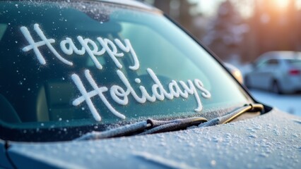 Frosty windshield with Happy Holidays message, concept of winter holiday greeting