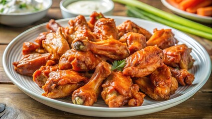 Delicious buffalo wings served on a platter with ranch dip and fresh vegetables at a casual gathering, perfect for game day