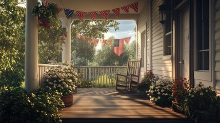 An inviting porch decorated with patriotic bunting and flowers, welcoming guests for a holiday celebration