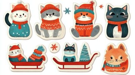 Fototapeta premium Cute Christmas themed cat stickers featuring cats in colorful winter attire with festive elements
