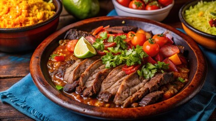 Fototapeta premium Carne asada served with fresh vegetables, lime, and sides, showcasing a vibrant meal in a cozy setting