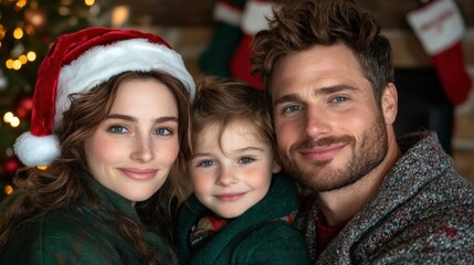 Christmas family portrait of happy, smiling parents and children wearing Santa hats, posing in front of a fireplace with a Christmas tree at home