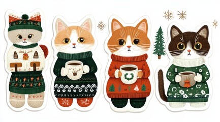Fototapeta premium Adorable cats in Christmas sweaters holding hot cocoa with winter designs